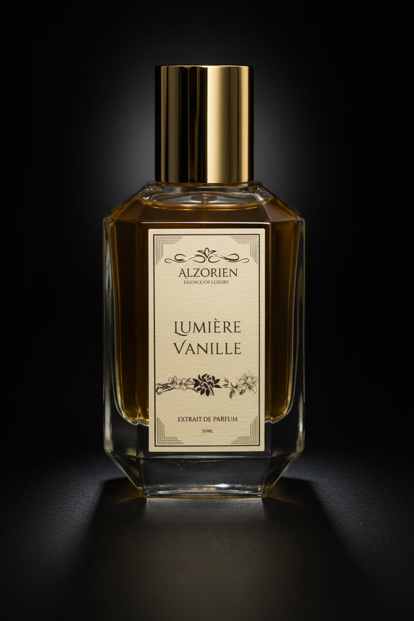 A clear glass perfume bottle with a gold cylindrical cap and a cream-colored label reading 'ALZORIENT' and 'LUMIÈRE VANILLE', photographed against a solid black background.
