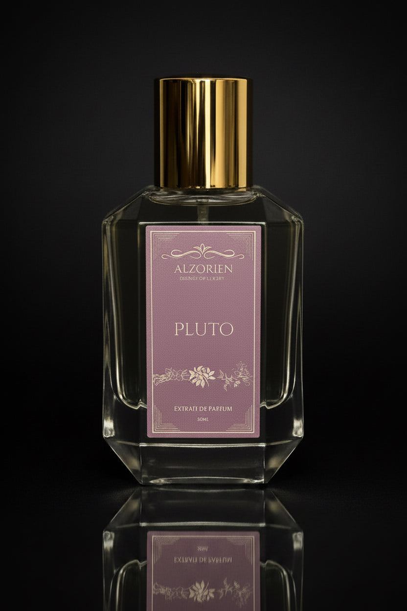 A clear glass perfume bottle with a metallic gold cap and a dusty purple label reading 'ALZORIENT PLUTO EXTRAIT DE PARFUM'. The bottle is centered against a dark, near-black background.