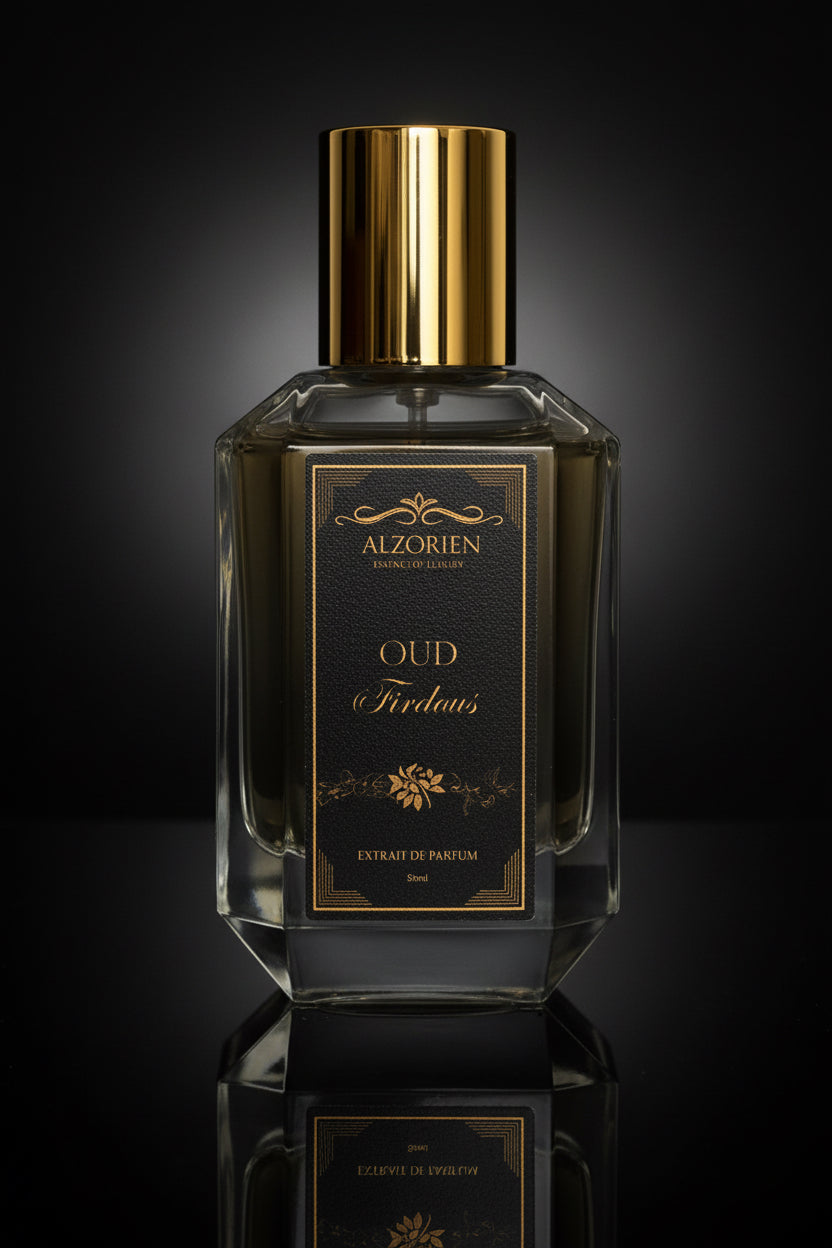 A faceted clear glass perfume bottle with a shiny gold cylindrical cap and a black label featuring gold lettering that reads 'ALZORIEN OUD Firdous Extrait de Parfum', set against a solid black background.