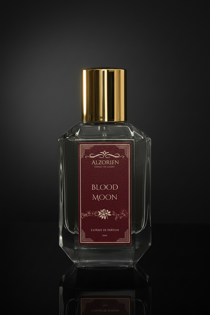 A faceted clear glass perfume bottle with a reflective gold cap and a dark red label reading 'ALZORJEN PARIS' and 'BLOOD MOON', photographed against a dark black background.